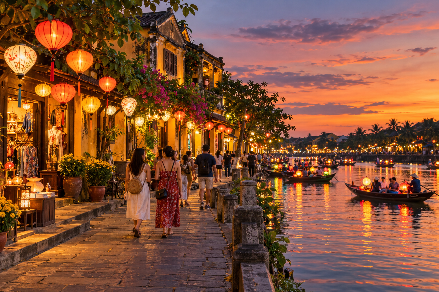 Illustrative lantern-lit evening in Hoi An Ancient Town during the year-end travel season