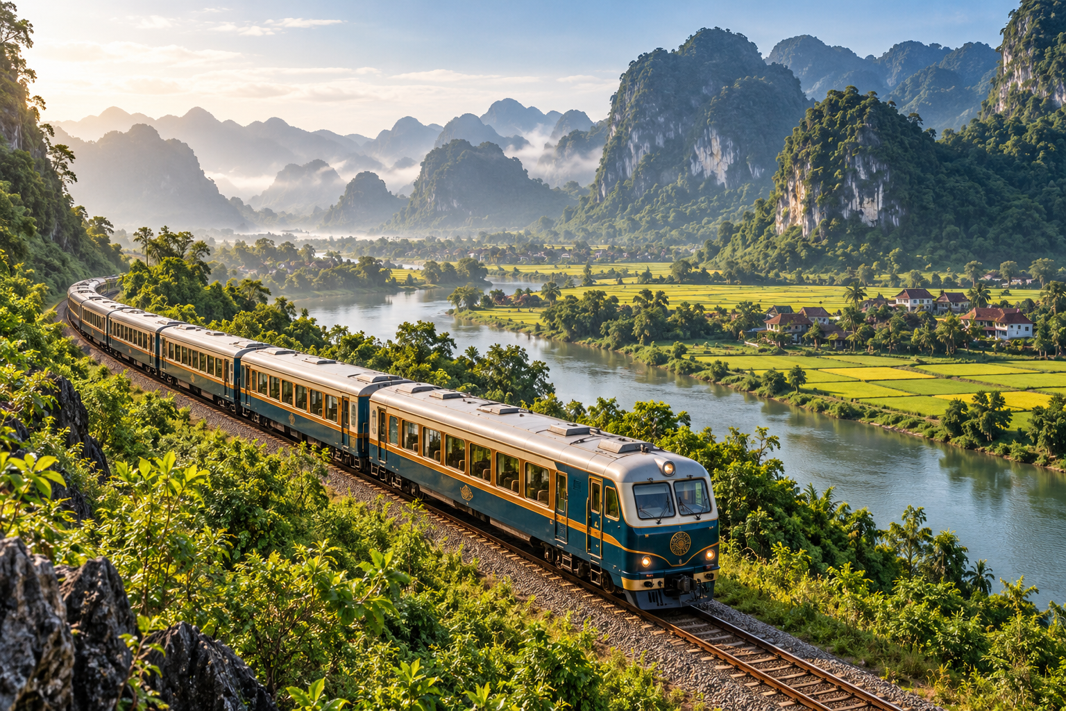 Illustrative heritage train traveling through Central Vietnam toward Phong Nha