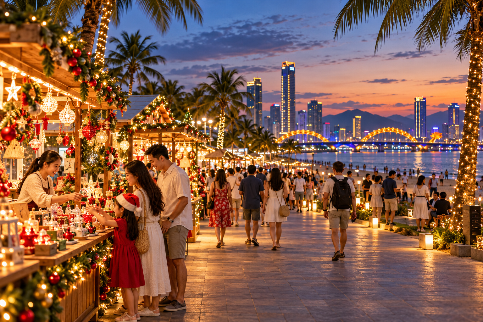 Illustrative festive Christmas market scene in Da Nang, Vietnam